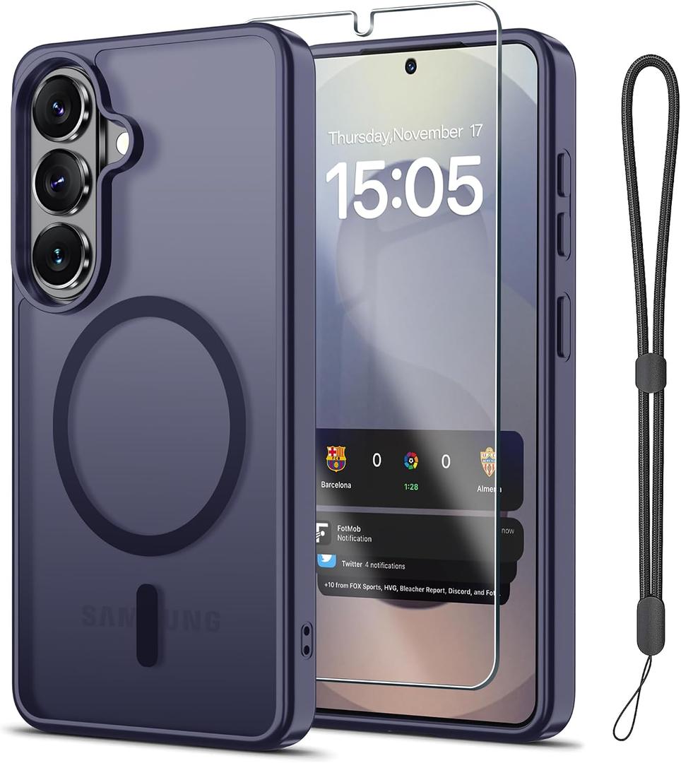 Janmitta Magnetic for Samsung Galaxy S26 Ultra/S25 Ultra Case,with Screen Protector+Wrist Strap,Compatible with MagSafe,Shockproof Slim Translucent Matte Phone Cover,Dark Purple