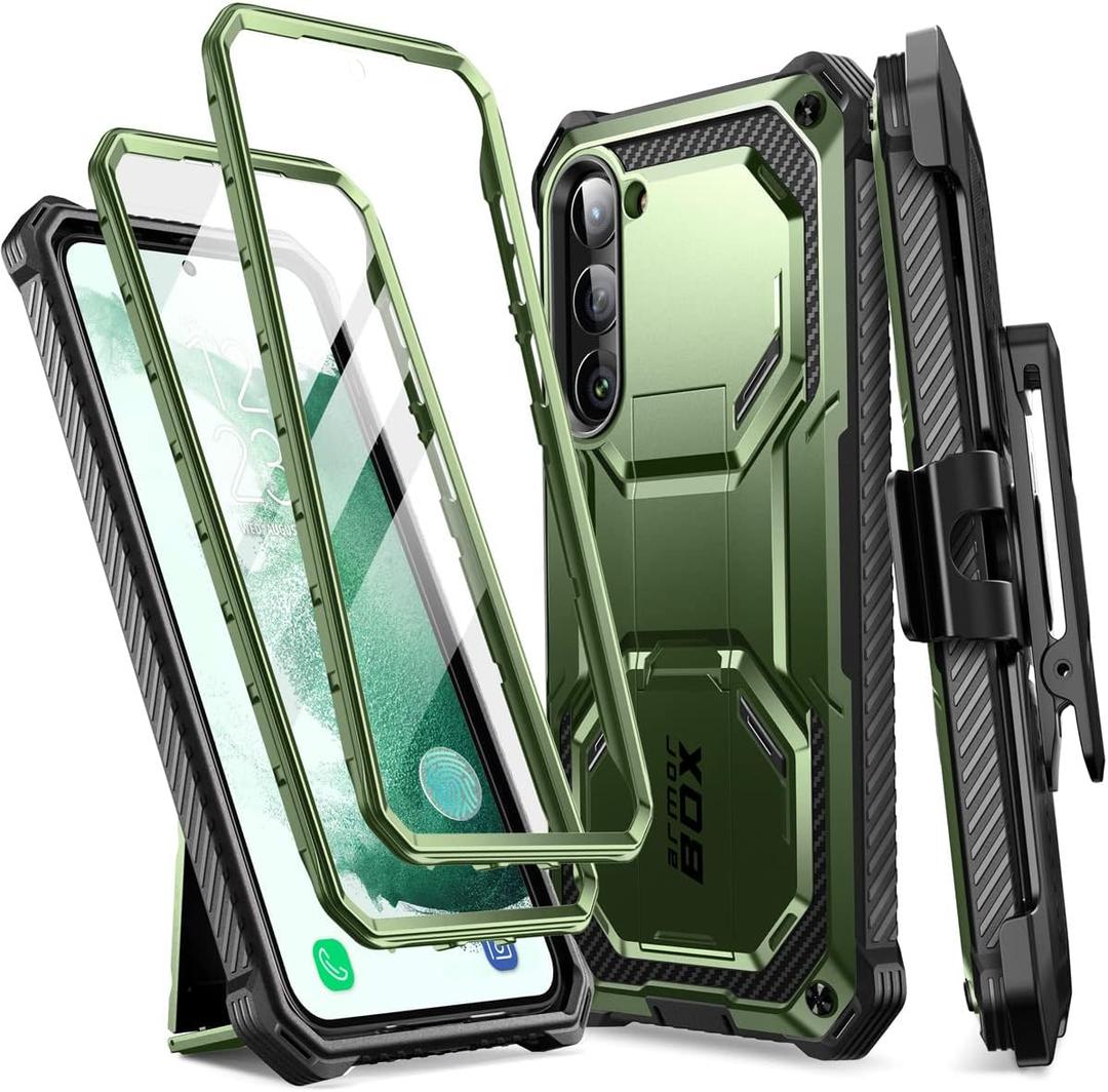 i-Blason Armorbox for Samsung Galaxy S23 Plus Case with Stand & Belt-Clip [Built-in Screen Protector] [2 Front Frames] [Military-Grade Protection] Full-Body Rugged Bumper Case with Kickstand (Green)
