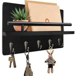 Key Holder Wall Mount, Decorative Key Rack with Shelf & 5 Sturdy Hooks, Rustic Key Hooks for Wall for Mail Organizer Hanging Dog Leash, Glasses, Wooden Key Hanger with Mounting Hardware (10.6 IN, Black)