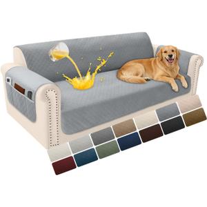 Velvet 100% Waterproof Couch Cover for Dogs Washable Sofa Covers for 3 Cushion Couch Pet Friendly Sofa Slipcovers Set Non Slip Quilted Furniture Protector with Pockets (Large, Silvery Grey)
