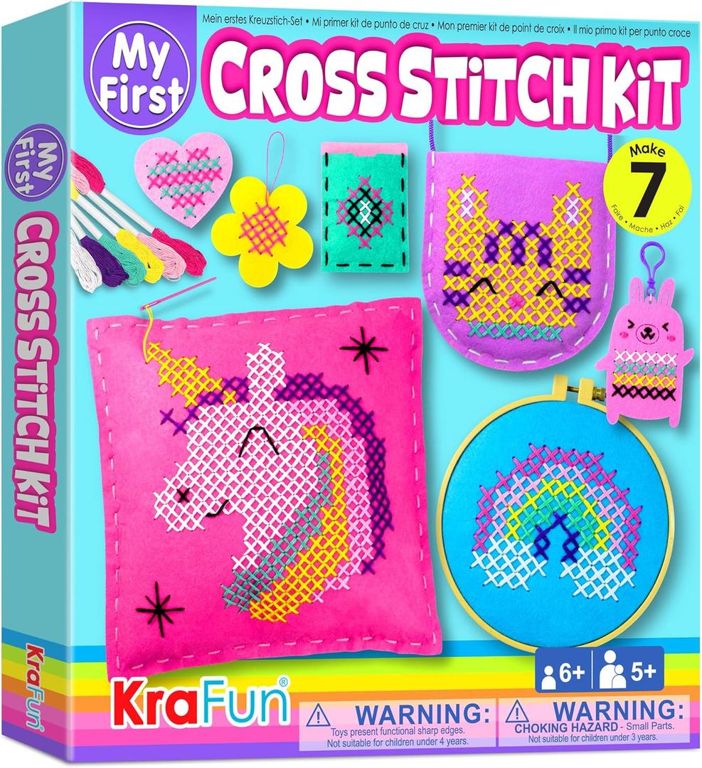 KRAFUN Beginner My First Cross Stitch Kit for Kids Arts & Crafts, 6 Easy Projects of Felt Keyring, Bag, Pillow Craft, Instructions, Gift for Girls and Boys, Learn DIY Crafting, Embroidery