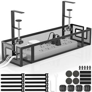 Under Desk Cable Management Tray, GZOKMOG No Drill Cable Management Under Desk, Heavy Duty Metal Cord Organizer, Home Office Wire Management for Gaming/Standing Desk, 1 Pack Black, 15.75 inch