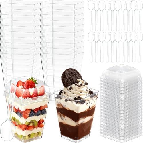 5oz Plastic Dessert Cups with Lids and Spoons, Clear Small Yogurt Parfait Cups with Lids, Mini Dessert Shooter Cups with Spoons, Square Appetizer Cups for Party Fruit Pudding Trifle Ice Cream 20 Pack