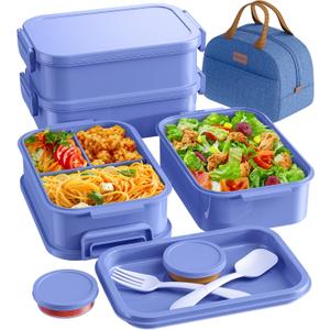 Adults Bento Lunch Box Set with Thermo Bag, 74oz Stackable Leak-proof 3-tiers Bento Box, Built-in Utensil and Sauce Container for Work, School, Dining Out (Purple)