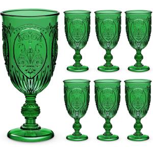 6 Pcs Plastic Goblets 7.5oz Vintage Goblet Plastic Wine Glasses Colored Retro Embossed Water Goblets for Wine Bar Juice Baby Shower Wedding Reception Grand Event Party (Dark Green)