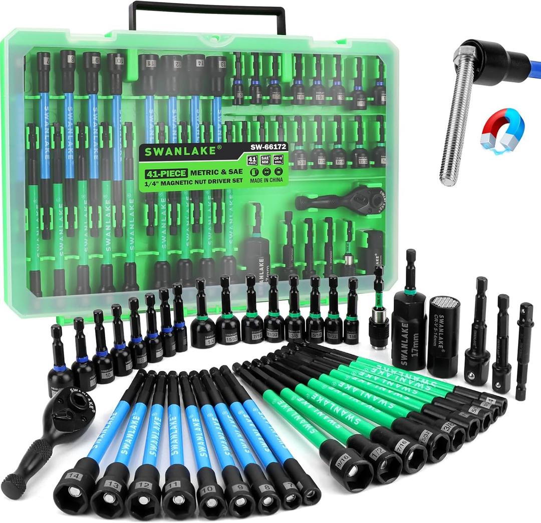 41-Piece Magnetic Nut Driver Set for Impact Drill Metric & SAE, Impact Socket Adapter, 2-IN-1 Ratchet Handle, Wing Nut Driver, Universal Socket, 1/4'' Quick-change Bit Holder