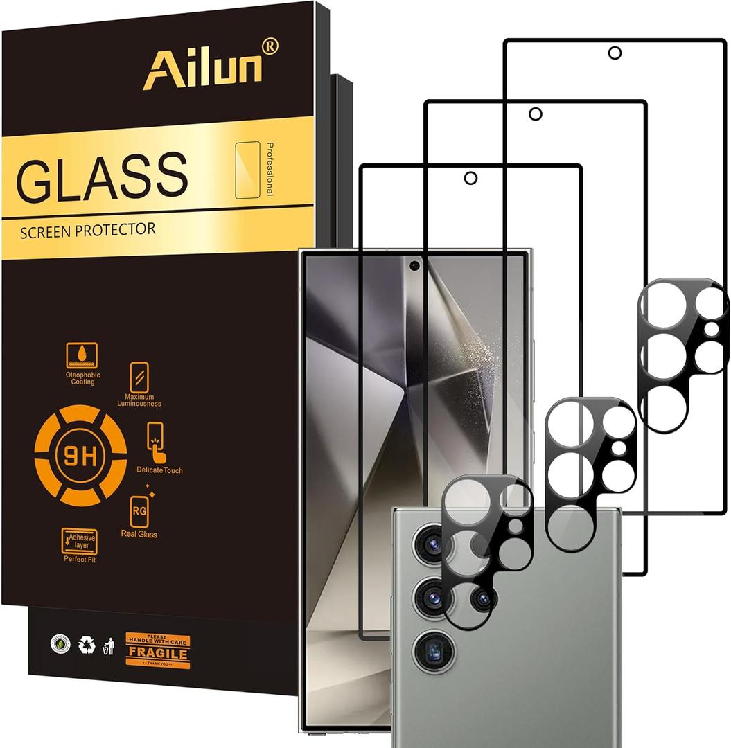 Ailun Glass Screen Protector for Galaxy S24 Ultra [6.8 Inch] 3Pack + 3Pack Camera Lens Tempered Glass Fingerprint Unlock 0.25mm Ultra Clear Anti-Scratch Case Friendly [Not For S24/S24 Plus] (Transparent)