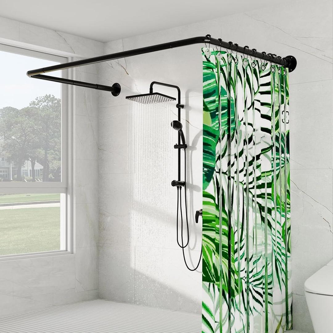 U Shaped Shower Curtain Rod, [Both Sides: 23"-52", Middle: 31"-46.5"] Adjustable U Shape Shower Rod Black Outdoor Corner Curtain Pole for Bathroom Bathtub with Ceiling Support & 12 Hooks