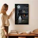 XWNLTEPK Halloween Canvas Wall Art Spooky Ghost Figure Haunted House Poster Moonlit Trees Foreboding Silhouette Wall Print Dark Gray Black Decor Living Room Bedroom (8x12in Black Framed, A05)