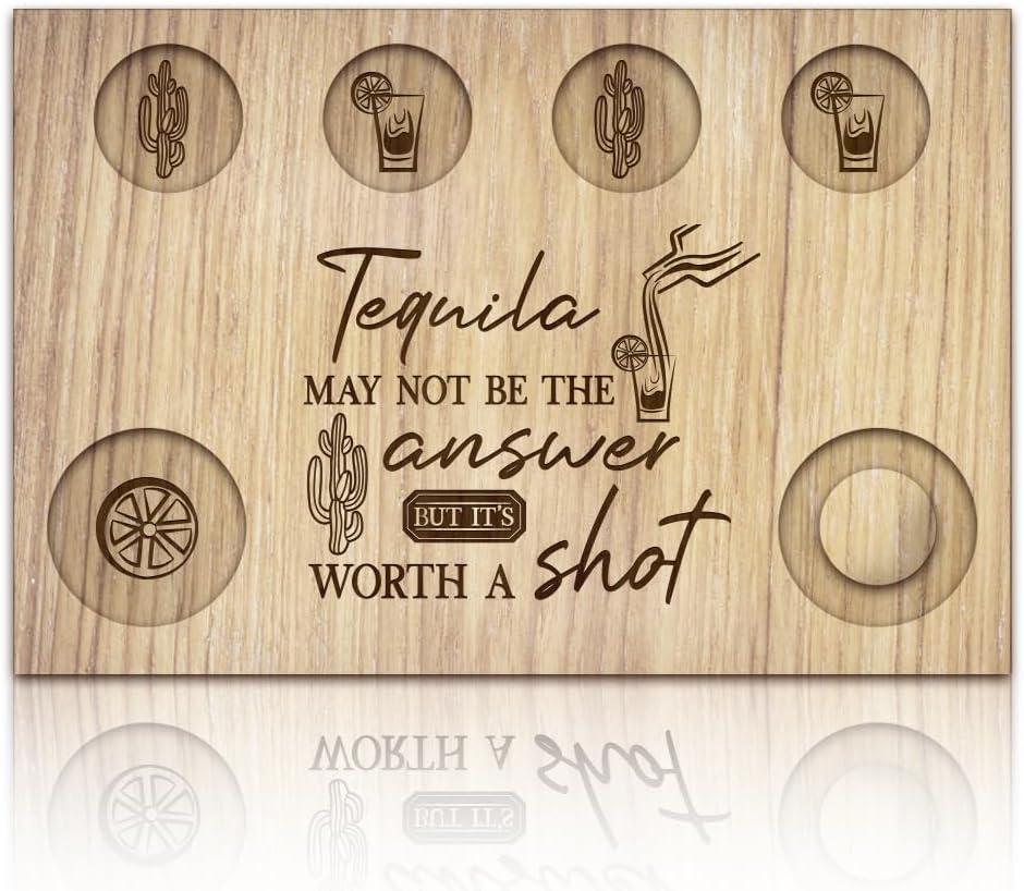 BENECREAT Cactus Shot Glasses Serving Tray, Wooden Flight Tray Glass Holder with Lemon Salt Rim Shot Glasses Board for Bar, Restaurant, Party, Family Gathering, 7.87x11.8 Inch