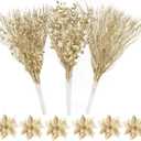 Bassion 30 Pcs Christmas Tree Picks and Sprays Decorations, Gold Glitter Floral Twig Berry Stems Branches Artificial Poinsettias for Home Christmas Tree Ornaments Wedding Holiday Xmas Party DIY Decor