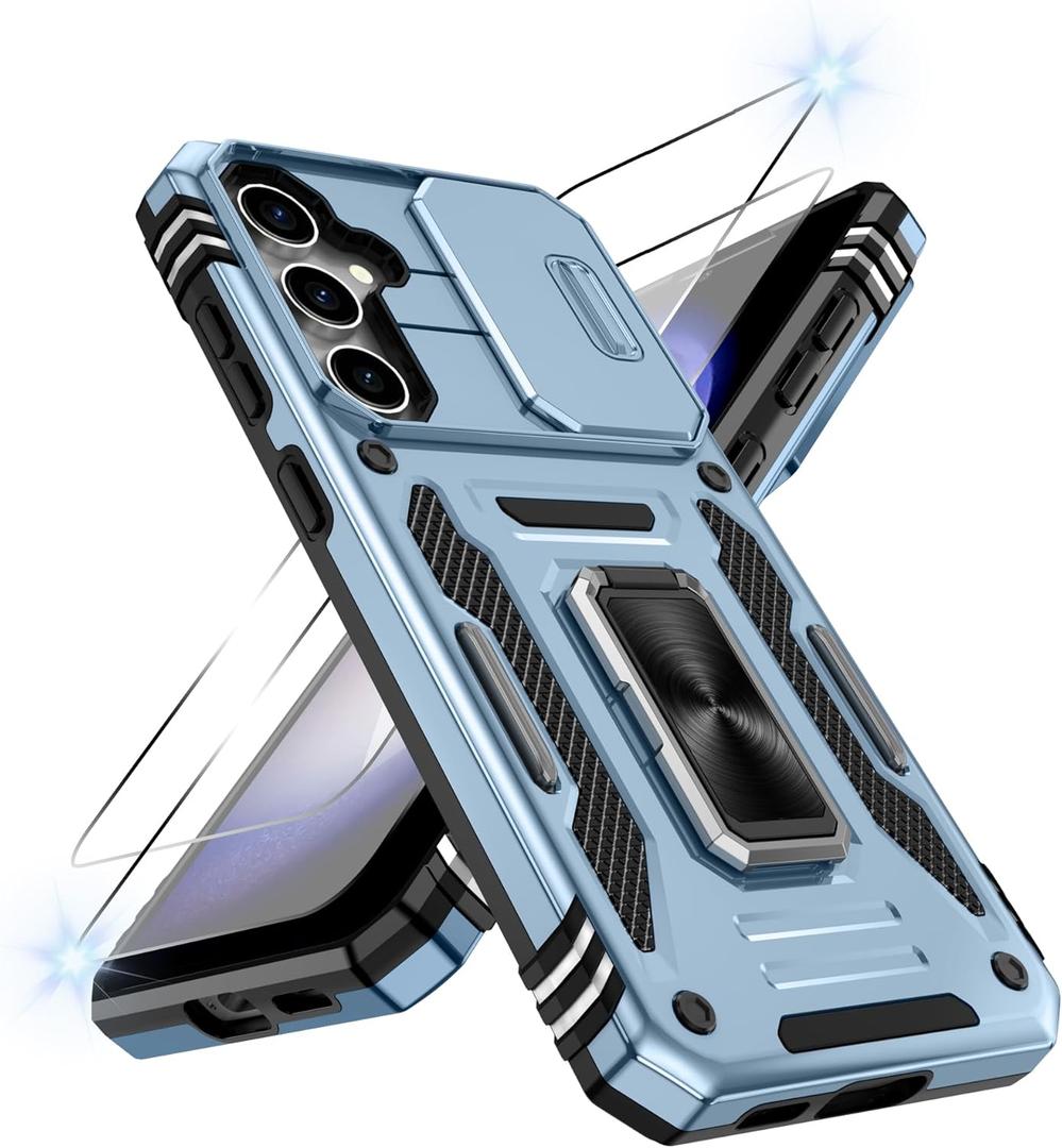 ATUMP for Samsung Galaxy S23 FE Case with [2Pcs] HD Screen Protector & Slide Camera Cover, Rotated Ring Kickstand [Military Grade Shockproof] Protective Case for Galaxy S23 FE 6.4", Light Blue