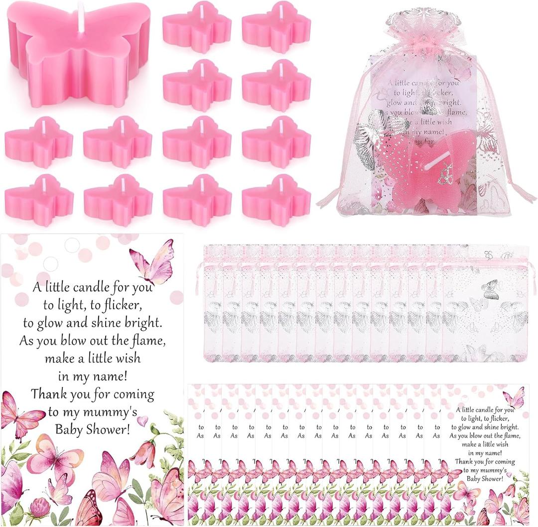 MTLEE 50 Sets Butterfly Baby Shower Party Favors for Guests 50 Butterfly Tea Lights Candles 50 Thank You Cards with Bags Baby Shower Decorations Gender Reveal Return Gift(Pink)