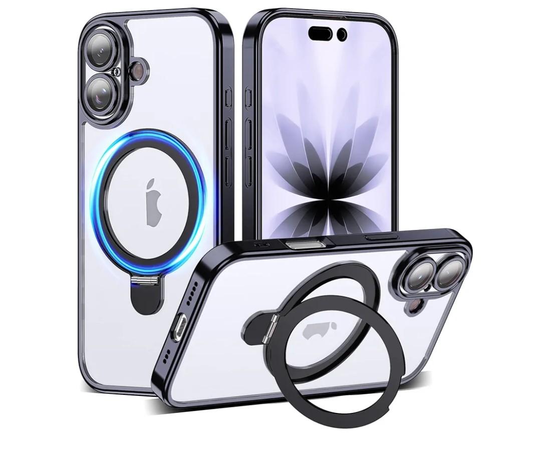 Kiresen for iPhone 15 Case Clear with Kickstand and Screen Protector  Wireless Charging Compatible, 21ft MilitaryGrade Drop Tested,Shockproof Slim Fit Magnetic Crystal Cover  Black