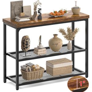 Besiost 32" Small Console Table with Storage, 3-Tier Industrial Narrow Entryway Table with Mesh Shelves, Sofa Table Behind Couch for Hallway Foyer Living Room, Sturdy Metal Frame, Rustic Brown
