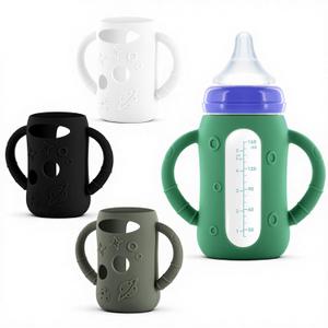 4-Pack Silicone Sleeves for Lansinoh Glass Bottles 5 oz-Starry Sky Design Baby Bottle Holder with Handles,Protectors for Lansinoh Natural Wave Glass Bottles, Anti-Scald Feeding Supplies (Black+Dark Grey+White+Dark Green)