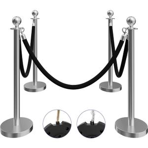 4 Pack Silver Stanchions and Velvet Ropes Set, Stainless Steel Crowd Control Barriers, 3Pcs Black Ropes and Poles for Party Supplies,Photobooth Accessories,Prom,Birthday,Business,Wedding, Museums