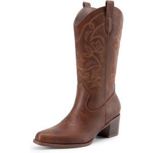 DREAM PAIRS Cowboy Boots for Women Cowgirl Western Boots Fashion Embroidery Stitched Chunky Heel Mid Calf Boots (9.5 Wide, Brown-pu)