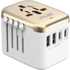 Universal International Power Travel Plug Adapter, 5 in 1 European Travel Plug Adapter W/ 3.5A 2xUSB-A and 2xUSB C Wall Charger and Worldwide AC Outlet for Europe USA UK AUS Asia (White Gold) Universal International Power Travel Plug Adapter, 5 in 1 European Travel Plug Adapter W/ 3.5A 2xUSB-A and 2xUSB C Wall Charger and Worldwide AC Outlet for Europe USA UK AUS Asia (White Gold)