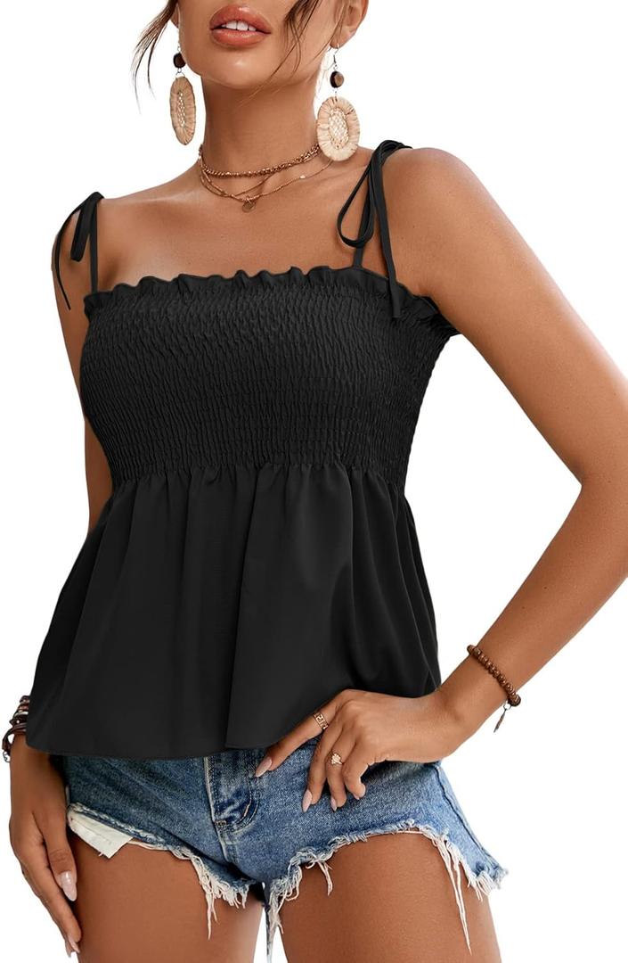 LYANER Women's Tie Shoulder Frill Shirred Ruffle Hem Sleeveless Strappy Cami Blouse Peplum Top (Medium, Black)