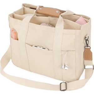 Barsine Messenger Bag for Women and Men, Multi-Pocket & Compartments Everyday Tote, Lightweight Canvas Bible Sturdy Bag (White)