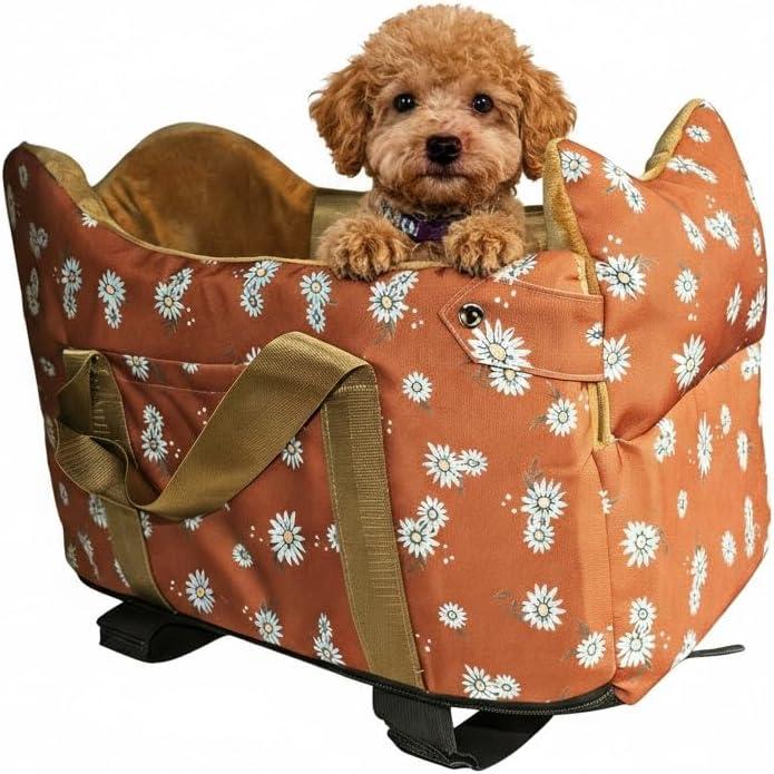 Cullaby Dog Center Console Car Seat  Small Dog Booster Seat, Portable Armrest Car Travel with Anti-Collapse Design, Washable Fluffy Cushion & Pillow, Up to 15 lbs (Coffee Color)