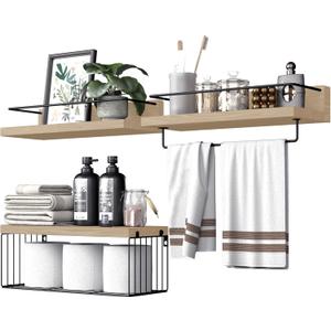 PopiShelves Bathroom Shelves Over Toilet for Wall, Floating Shelves with Storage Basket Paper Holer for Kitchen Living Room, Bedroom & Classroom, Set of 3 (Nature Wood)