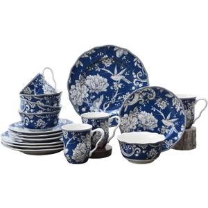 222 Fifth Adelaide 16-Piece Dark Blue Porcelain Dinnerware Set  Service for 4, Plate, Bowl & Mug Set, Bird & Floral Design, for Everyday Dining & Entertainment, Microwave & Dishwasher Safe