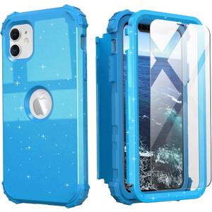 IDweel for iPhone 11 Case with Screen Protector for Women, Luxury Hybrid 3 in 1 Shockproof Slim Fit Heavy Duty Protection Hard PC Cover Soft Silicone Bumper Full Body Case,Glitter Sky Blue