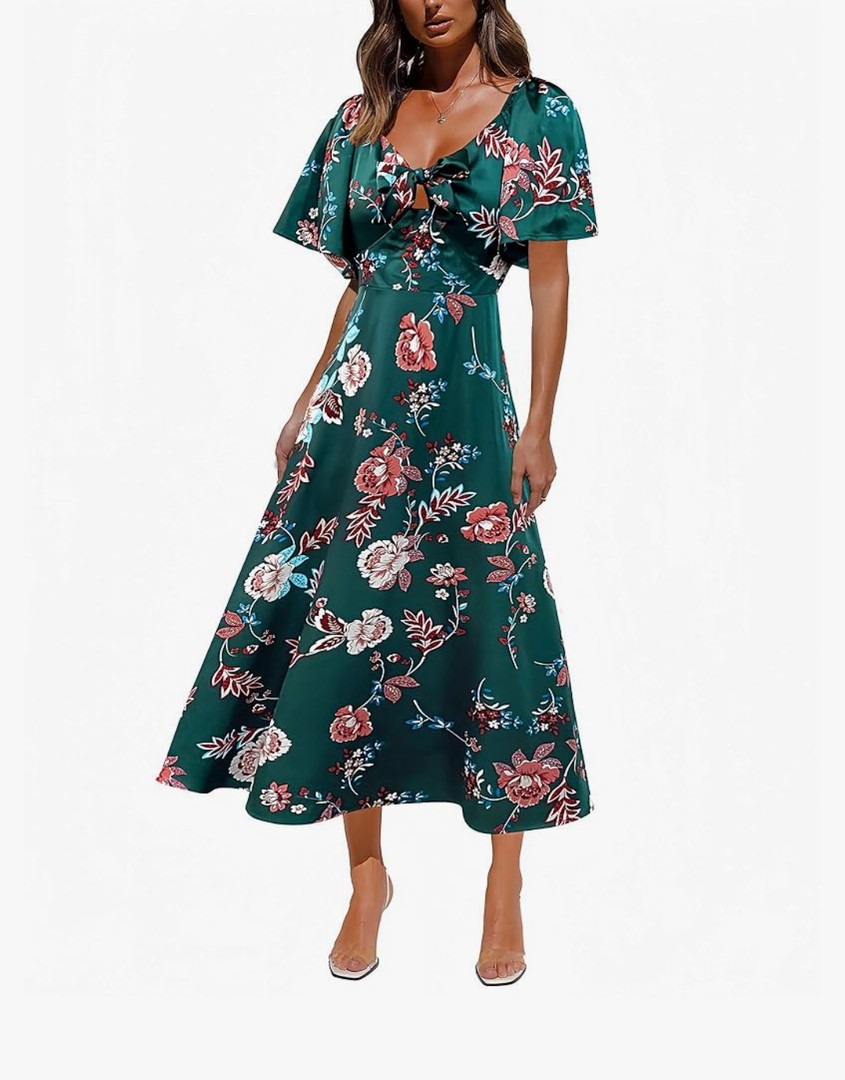 Fashionme Womens Dresses 2025 Maxi Dresses Deep V Neck Elegant Bow Tie Front Cap Sleeve Summer Floral Satin Smocked Dress M