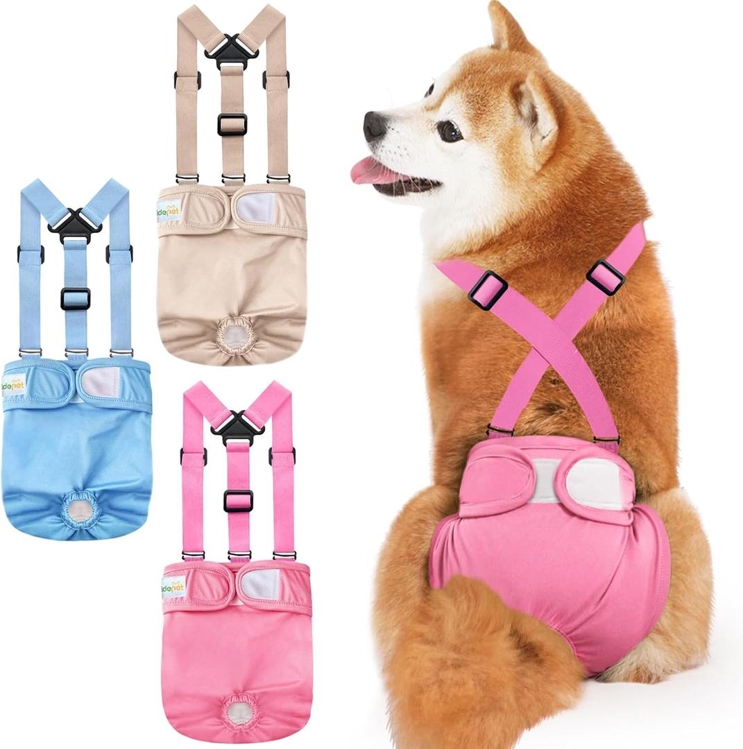 Idepet Female Dog Diapers with Suspender Detachable, 3 Pack Washable Reusable Girl Doggie Diapers for Small Medium Female Dog in Heat Period Cycle Urinary Incontinence Training S