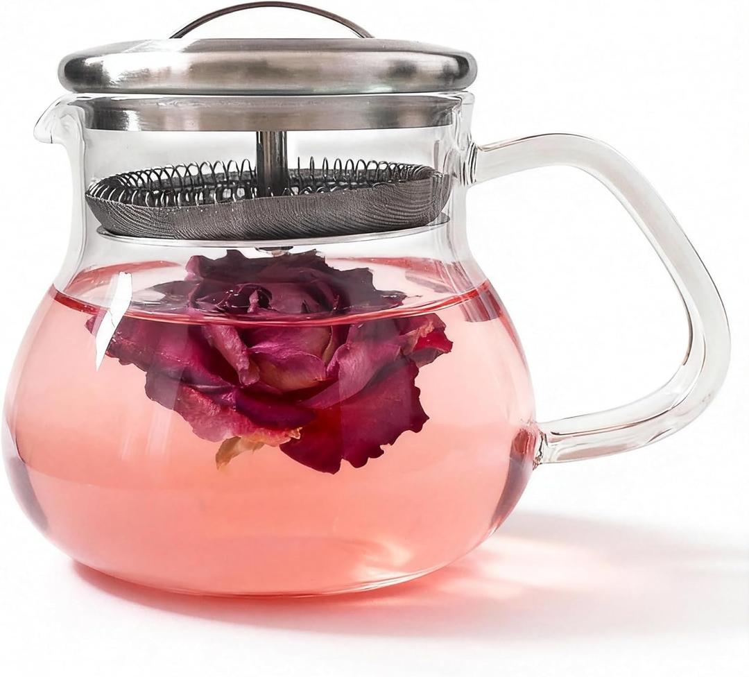TETWIN Personal Glass Teapot with Built-in Strainer 17oz - for Blooming, Loose Leaf & Herbal Tea, Exquisite Small Tea Pot for One,Stovetop Safe