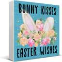 Easter Decor, Easter Decorations for Home, Farmhouse Bunny Kisses Wood Sign Decoration for Home Kitchen Living Room Bedroom Desk Shelf Table 5 X 5 Inch