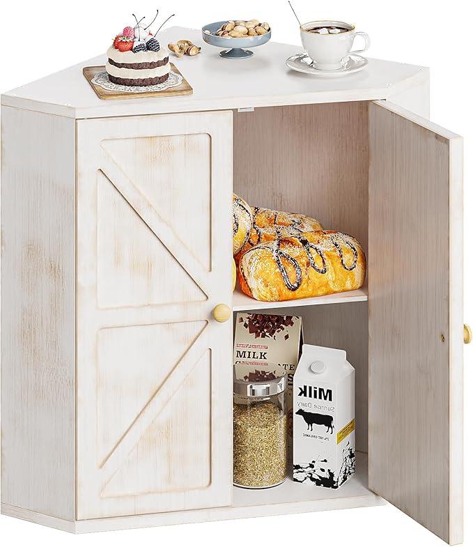 Corner Bread Box for Kitchen Counter Double Layer Bamboo Bread Storage Container Large Capacity Bread Storage Bin Farmhouse Breadbox Organizer