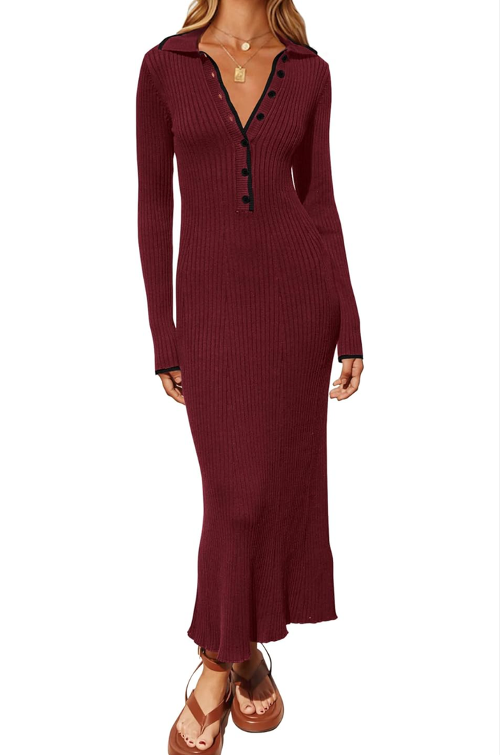 MASCOMODA Women Fall Long Sleeve V Neck Sweater Dress Casual Lapel Button Up Slim Fit Ribbed Knit Long Maxi Dresses,Medium