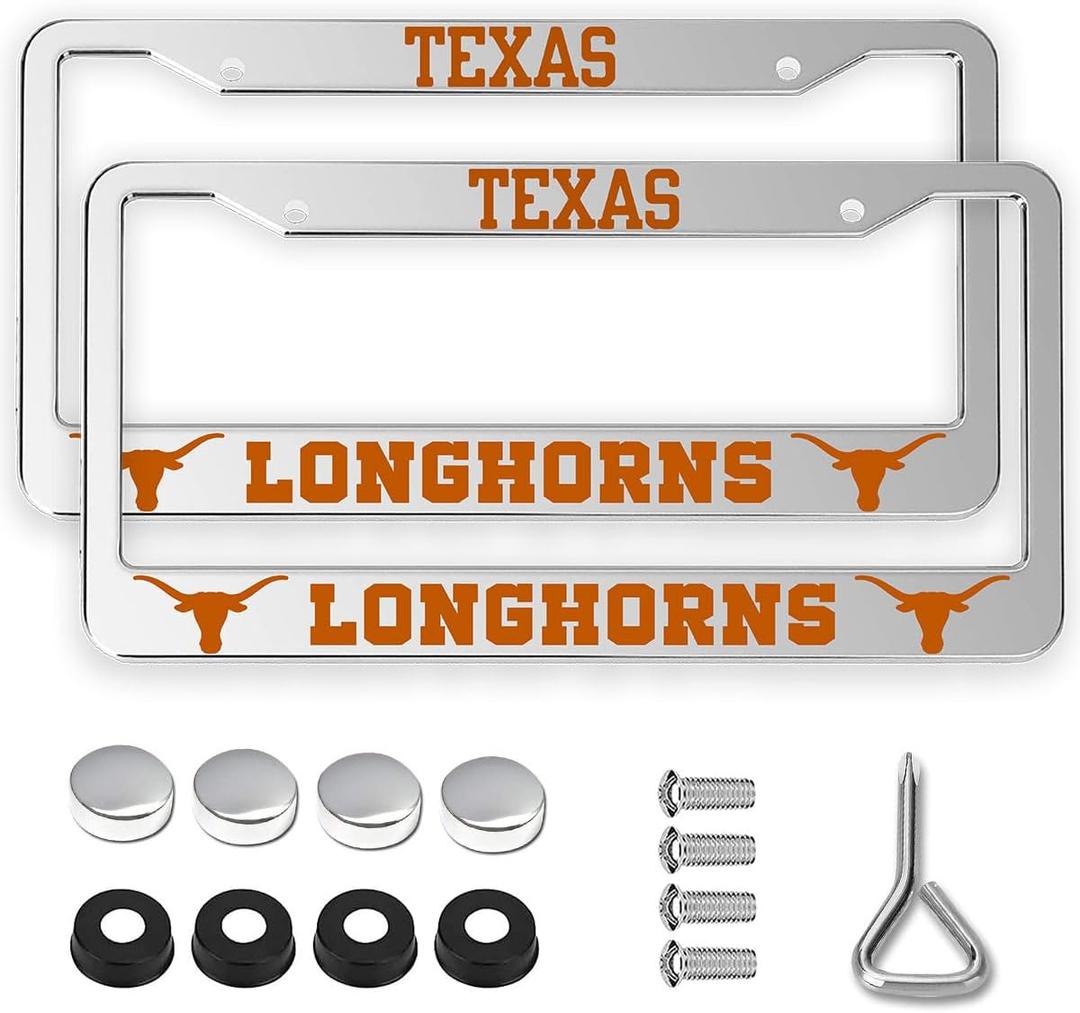 2 Packs for Texas Longhorns License Plate Frames,2 Holes Silver License Plate Holder,Universal Aluminum Tag Frame for License Plate for Front and Rear Car Tags