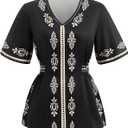 Women's Boho Print V Neck Blouse Elegant Short Sleeve Dressy Casual Tops Black Large