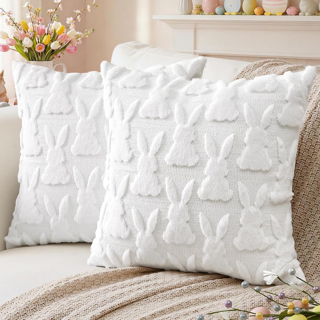 Artscope Easter Bunny Pillow Covers 18x18 Set of 2 Decorative Easter Rabbit Throw Pillow Cases Soft Plush Faux Fur Couch Cushion Case for Holiday Sofa Bed Room Home Decor-Cream