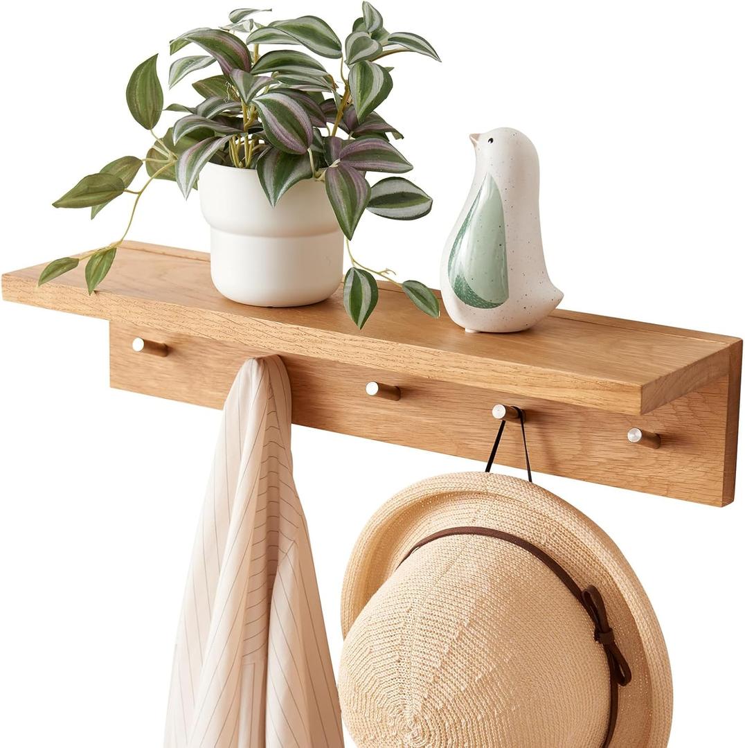 Oak Wood Coat Rack Wall Mount With Shelf 20 Inch Long, 5 Hooks, Floating Entryway Wall Shelf for Bathroom, Hallway, Living Room