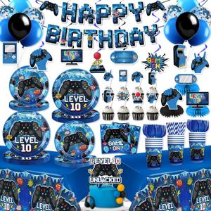 213 Pcs 10th Birthday Decorations for Boys Serve 25 Guests, Video Game 10 Years Old Party Decorations Level 10 Banner, Cake Topper, Plates and Napkins, Tableware Set, Tablecloth, Boys 10th Birthday