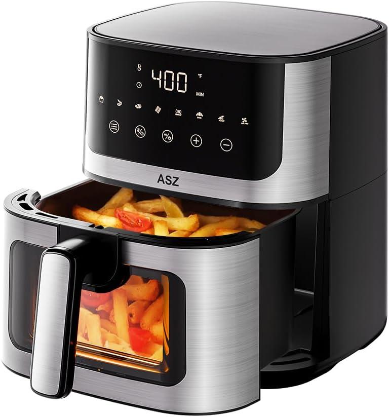 ASZ Air Fryer with Window Visible- 5 quart Compact- Digital Airfryer 5qt for 2-3 people - 5 qt for Office Dorm Room - 8 in 1 Bake Toast Broil Reheat - 1400W, 400 Kitchen Airfry Countertop Gift (5QT Stainless Steel with Window)
