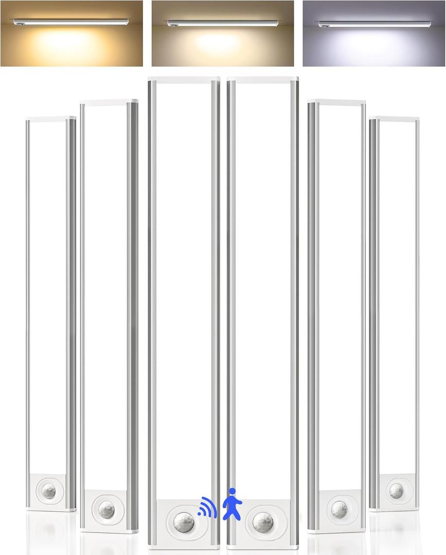 16inch Under Cabinet Lighting, 6Pack Rechargeable Motion Sensor Light Indoor, Magnetic Closet Lights with Dimmable & 3 Color Temps, Wireless Under Counter Lights for Kitchen, Stairs