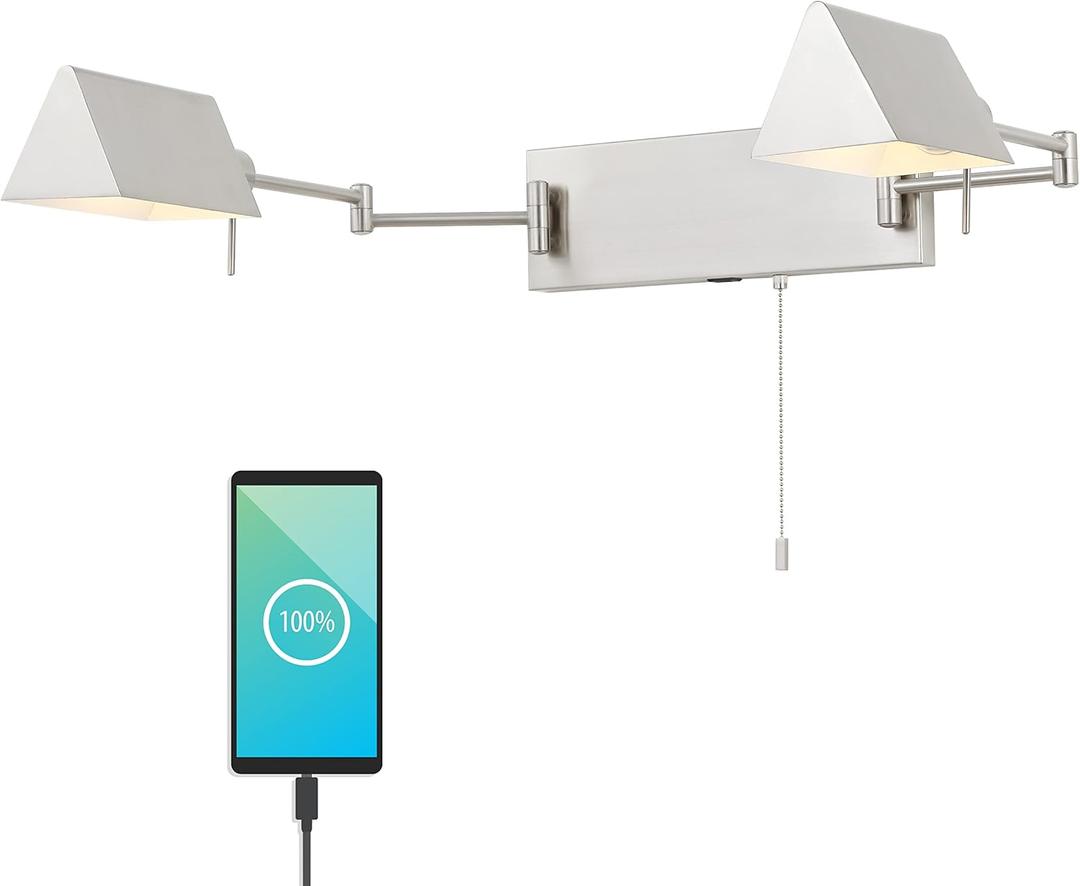 JONATHAN Y 54" Nickel 2-Light Double Swing Arm LED Wall Sconce, Industrial Farmhouse Iron Wall Lamp with Pull-Chain, USB, Metal Shades (JYL6016B)