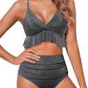 Tempt Me Women High Waisted Ruffle Bikini Set Two Piece Swimsuits Flounce Tummy Control Bathing Suit (Black, L)