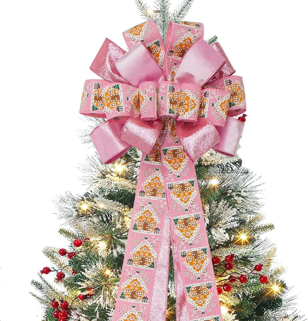 Choies Christmas Tree Bows,53 x 13 Inch Glitter Pink Bow Topper for Christmas Tree,Large Christmas Tree Bow with Long Streamers,Wired Edge Decorative Bow for Wreath Door Party Xmas Decoration