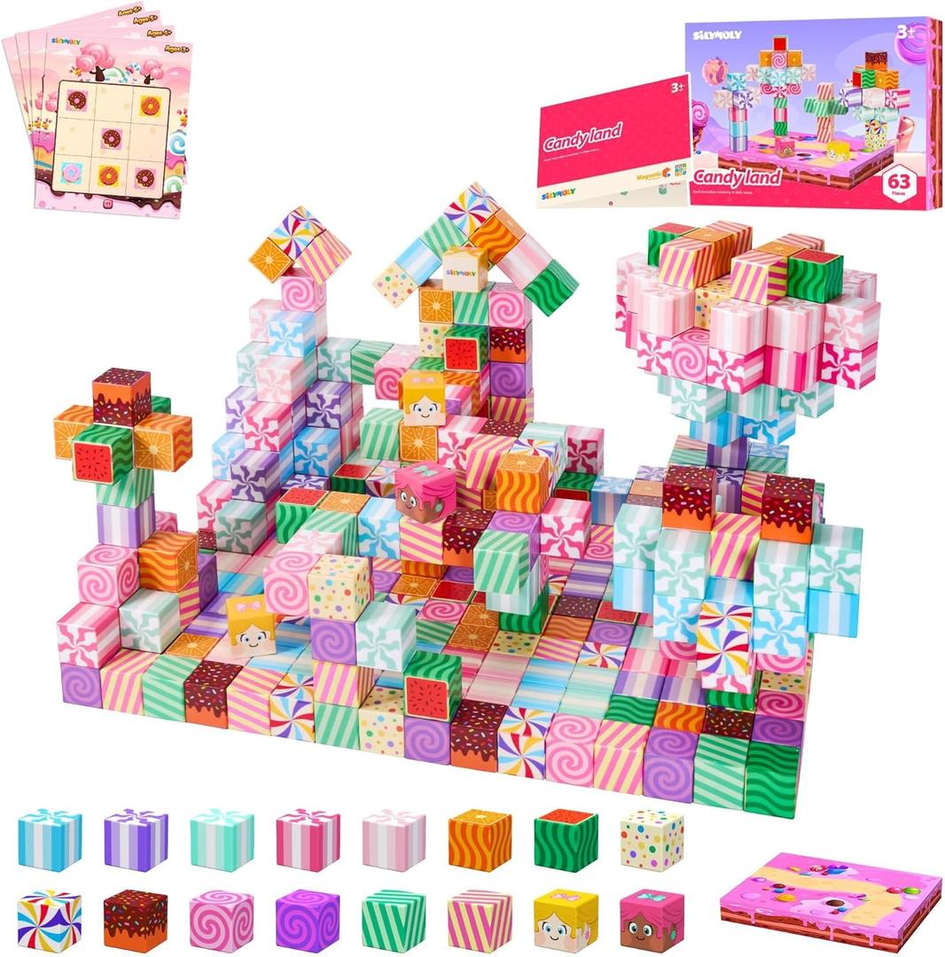 Magnetic Blocks Candy Land Edition, Magnetic Tiles Building Blocks Boys & Girls Toys Age 3-5 4-8 5-7 Sensory Gift for KidsMagnets CubesUpgraded STEM Gift 1.2 Inches