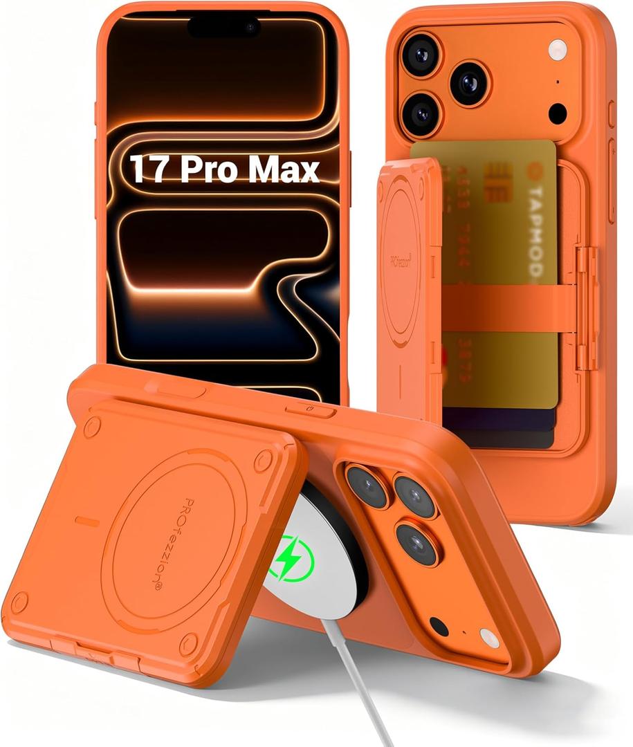 PROfezzion for iPhone 17 Pro Max Case Wallet 3-Card Holder with MagSafe, Triple-Sided Magnets, RFID Blocking, Wireless Charging, Kickstand, Drop Protection Rugged Magnetic Case Protector - Orange