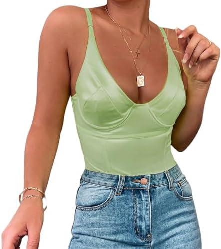 Velius Women's Sexy Metallic Shiny Bodysuit Tank Tops for Night Club Going Out ,Small