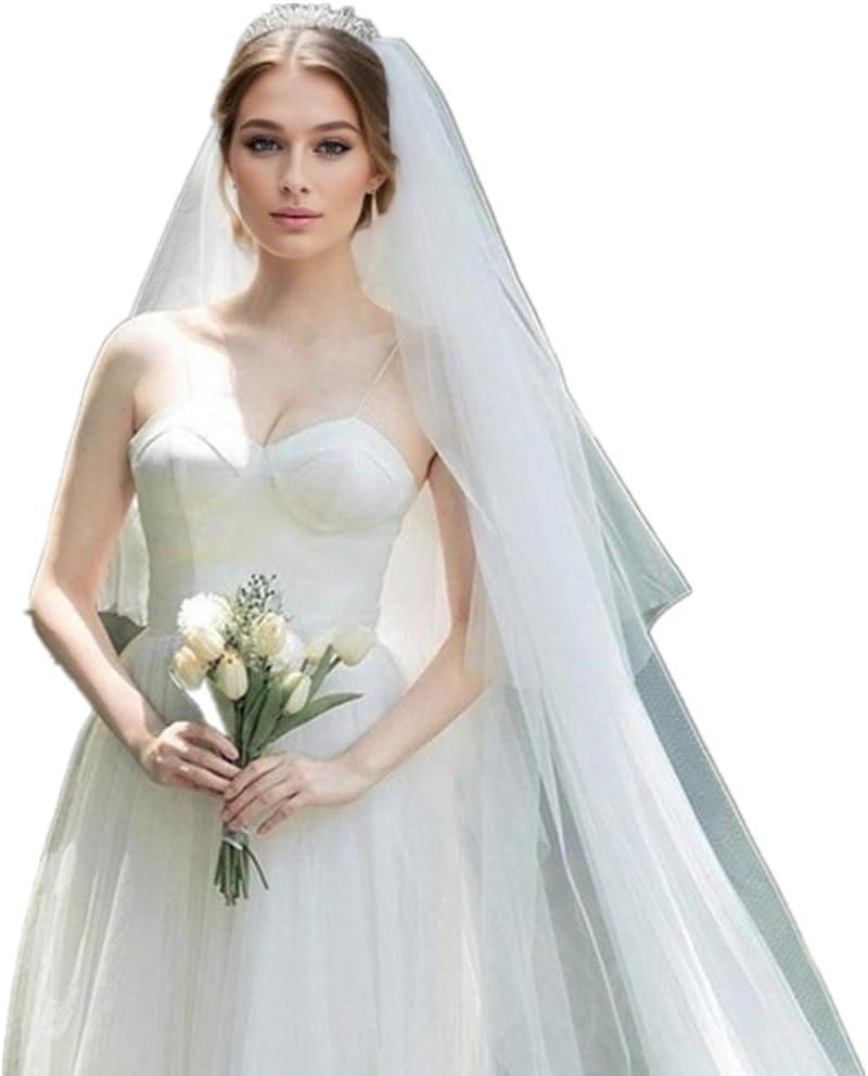 ROSEEDEN 2 Tiers plain Veil wedding bridal woman long veil soft tulle cut edge veil with metal comb (2 Tiers Length 31"+118" Width 118", Off white)