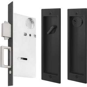Pocket Door Privacy Lock With Keys - Modern Rectangular Hardware, Finger Flush Pulls With Edge Pull for Sliding, Folding Doors (Black)